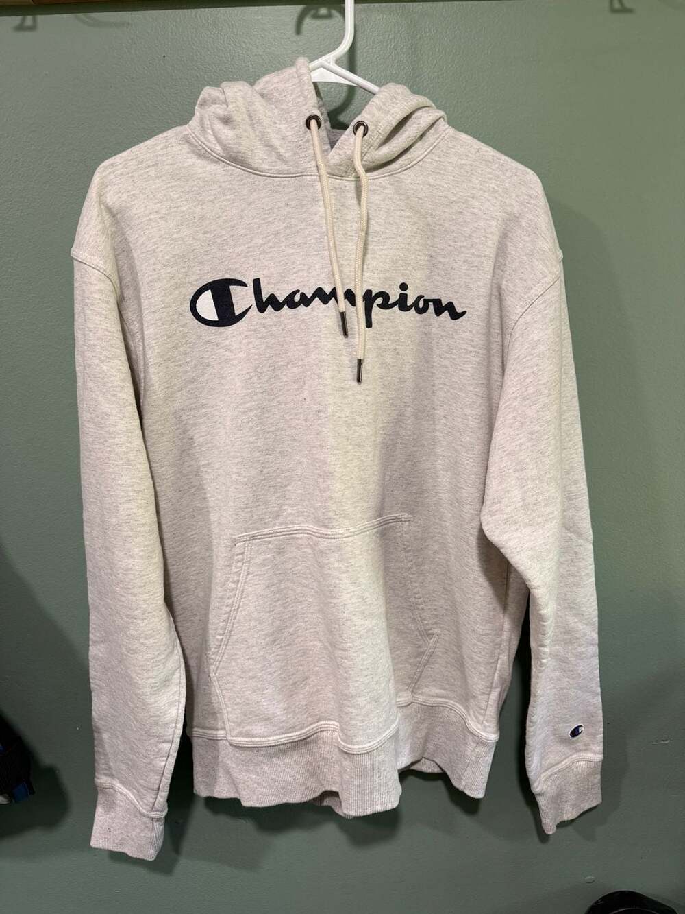 Champion Hoodie Size M Oatmeal Heather Script Logo
